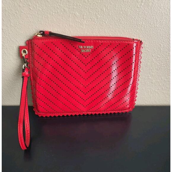 Victorias Secret Wristlet Red Clutch Purse With Closure Chevron Dot Pattern - Picture 2 of 8